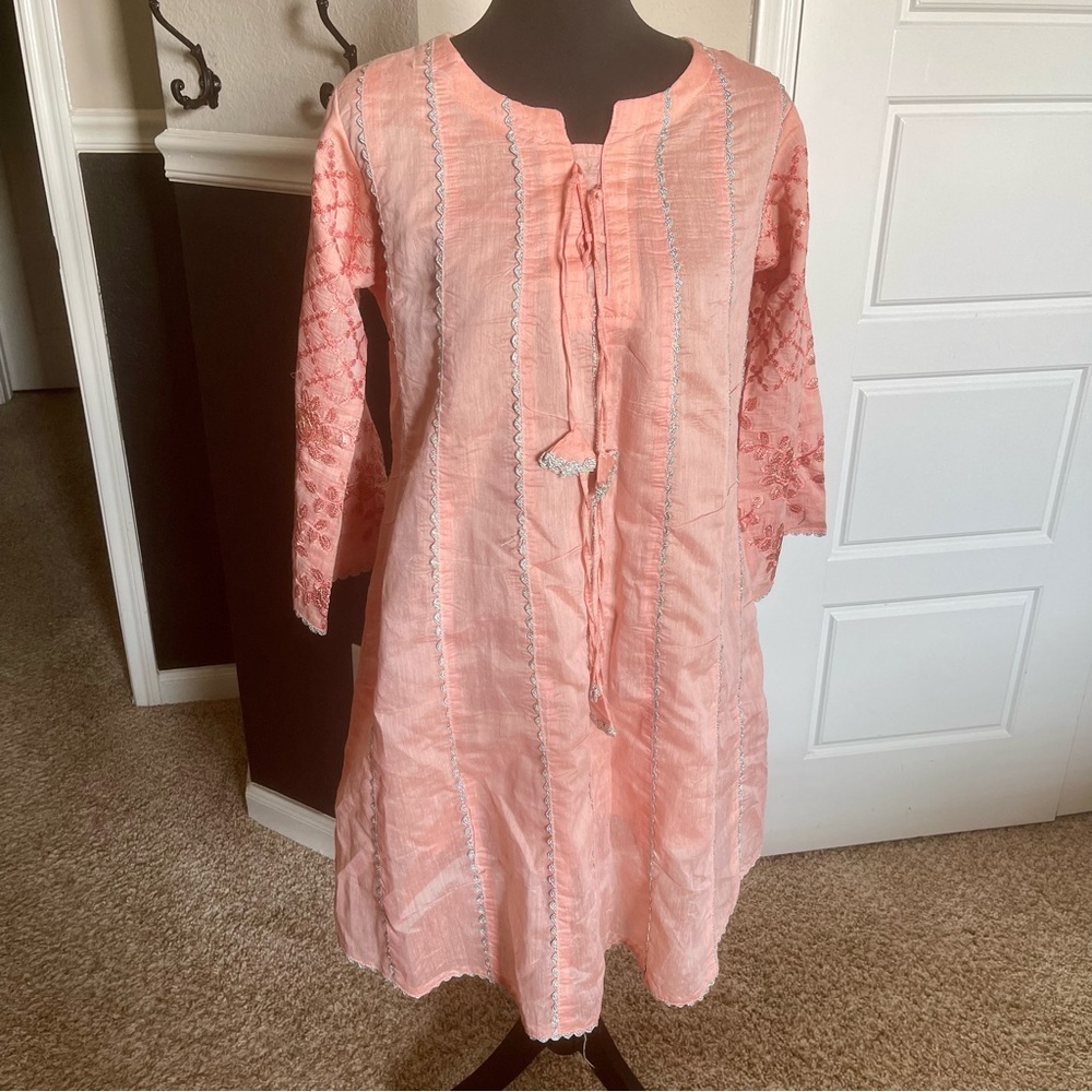 Pakistani Indian Festive Party Casual Wear Kurta Dress Pink Embroidered Sleeve